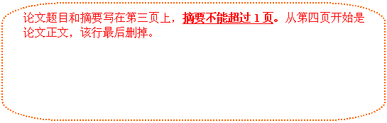 圆角矩形标注: 论文题目和摘要写在第三页上，摘要不能超过1页。从第四页开始是论文正文，该行最后删掉。